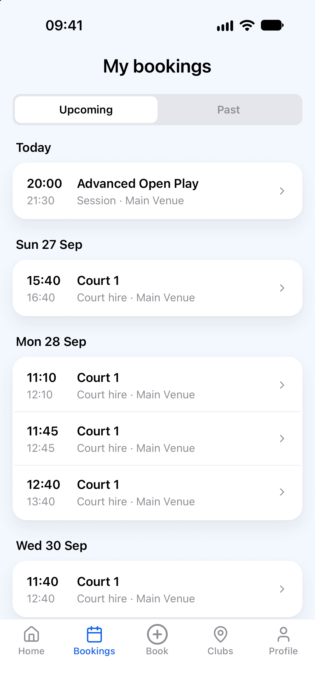 The PicklePro app showing a player’s upcoming bookings grouped by day