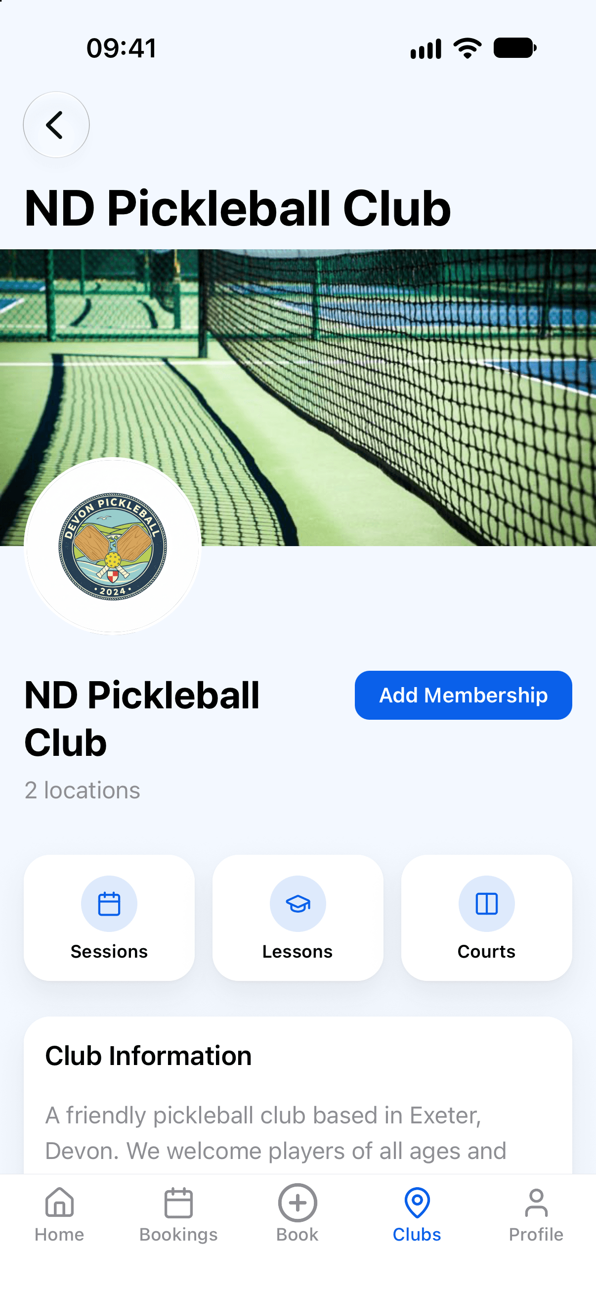 A pickleball club’s page in the PicklePro app with an Add Membership button