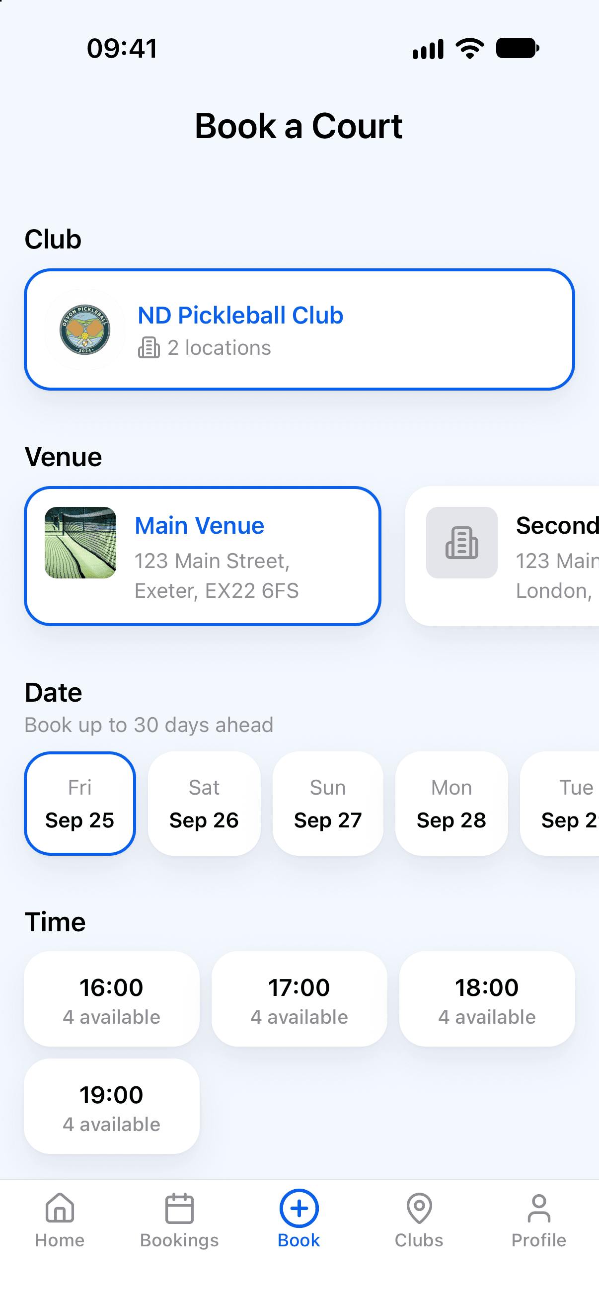 The PicklePro app showing live court availability for a pickleball club