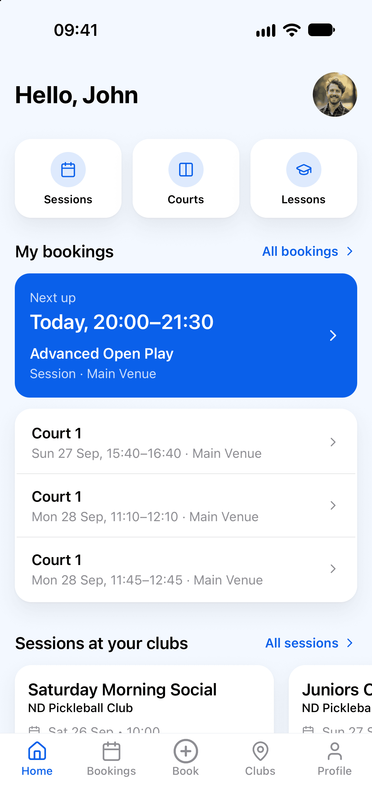 The PicklePro app home screen showing a member’s next session and upcoming court bookings