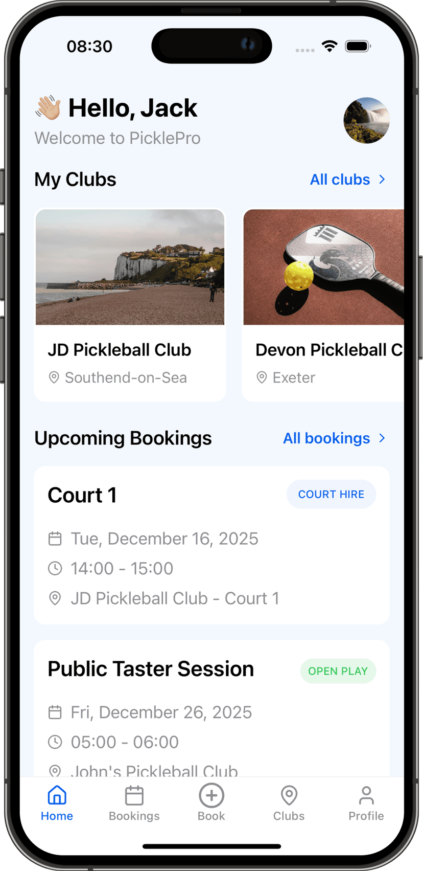 PicklePro mobile app showing court booking