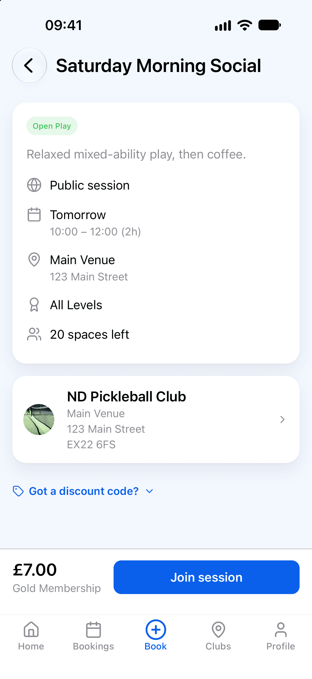 A group session in the PicklePro app with its time, venue, spaces left and a Join session button